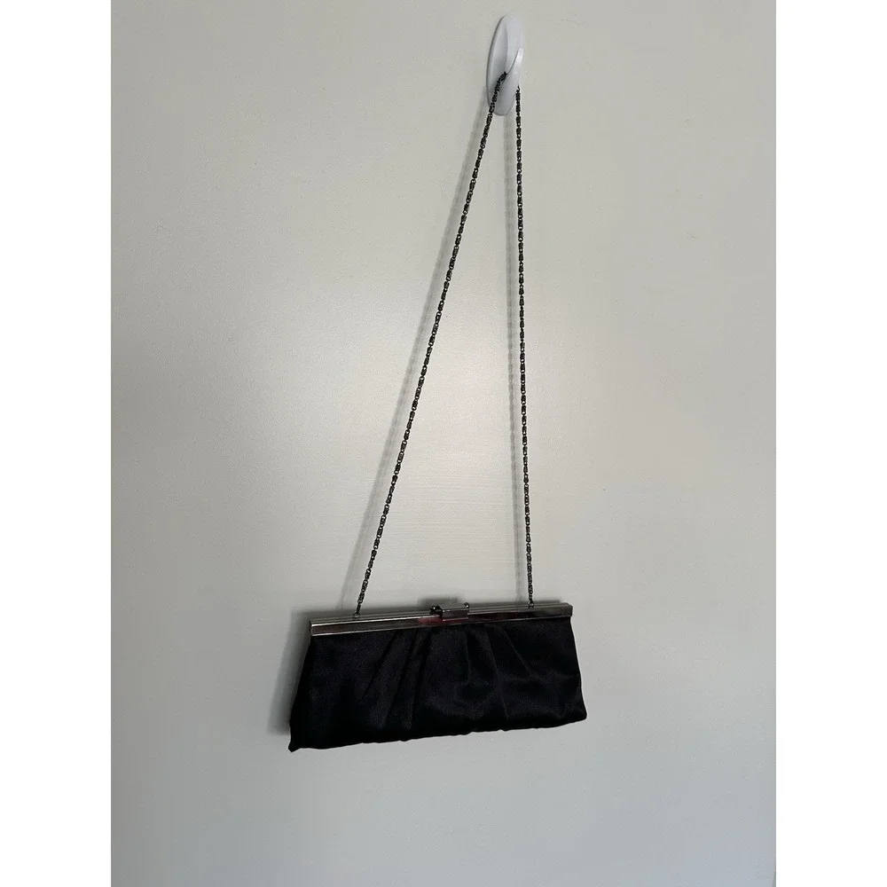 Jessica McClintock Black Satin Evening Clutch Purse • Pleated Frame Bag w/ Chain